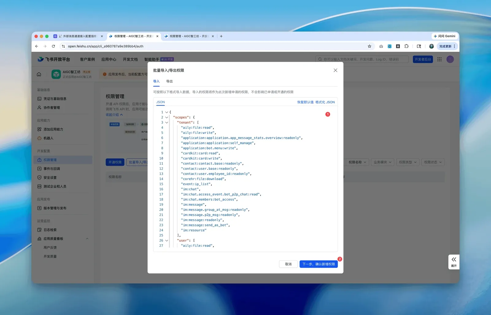把权限 JSON 粘贴进导入框
