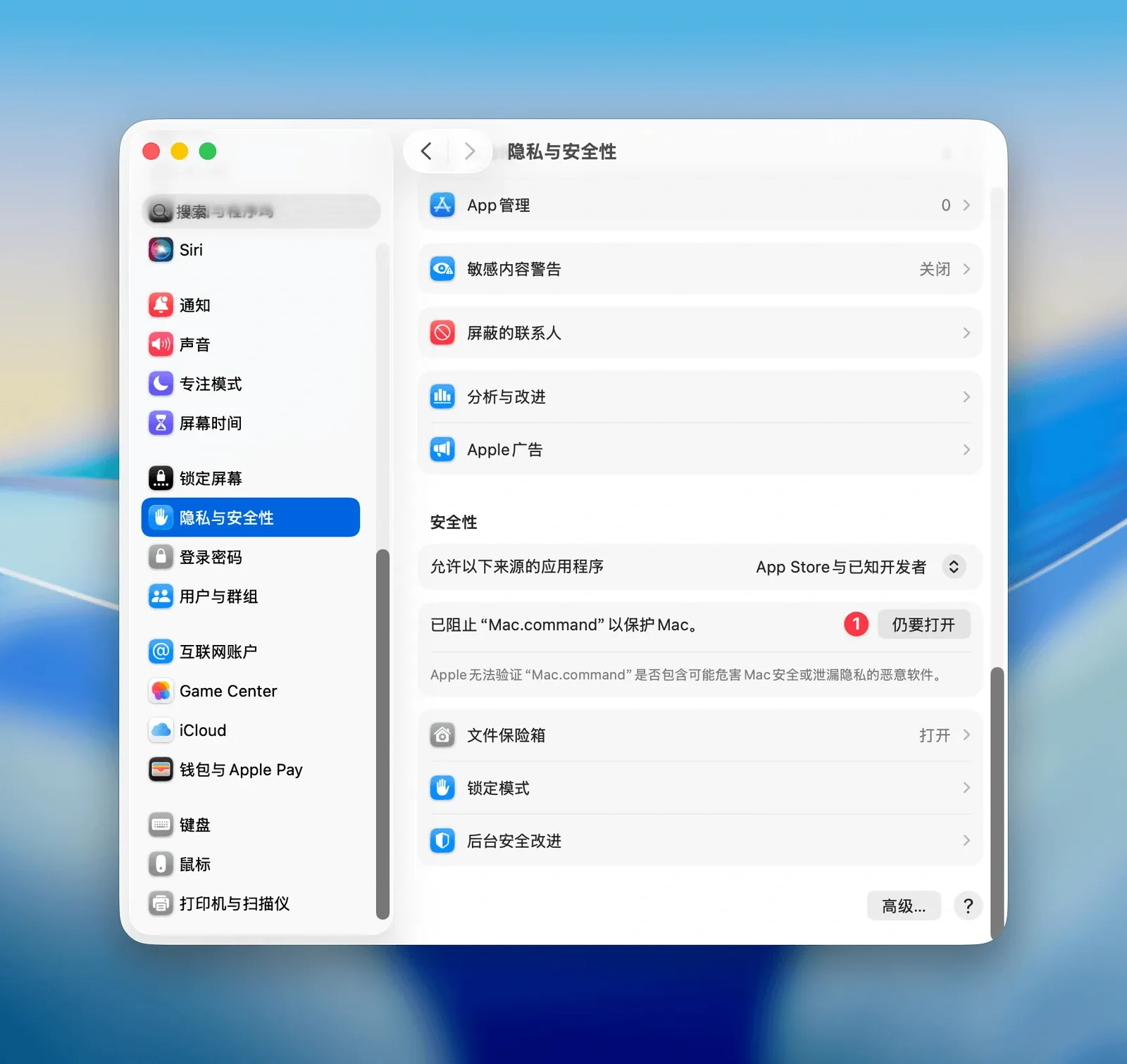 在系统设置的隐私与安全性中点击仍要打开
