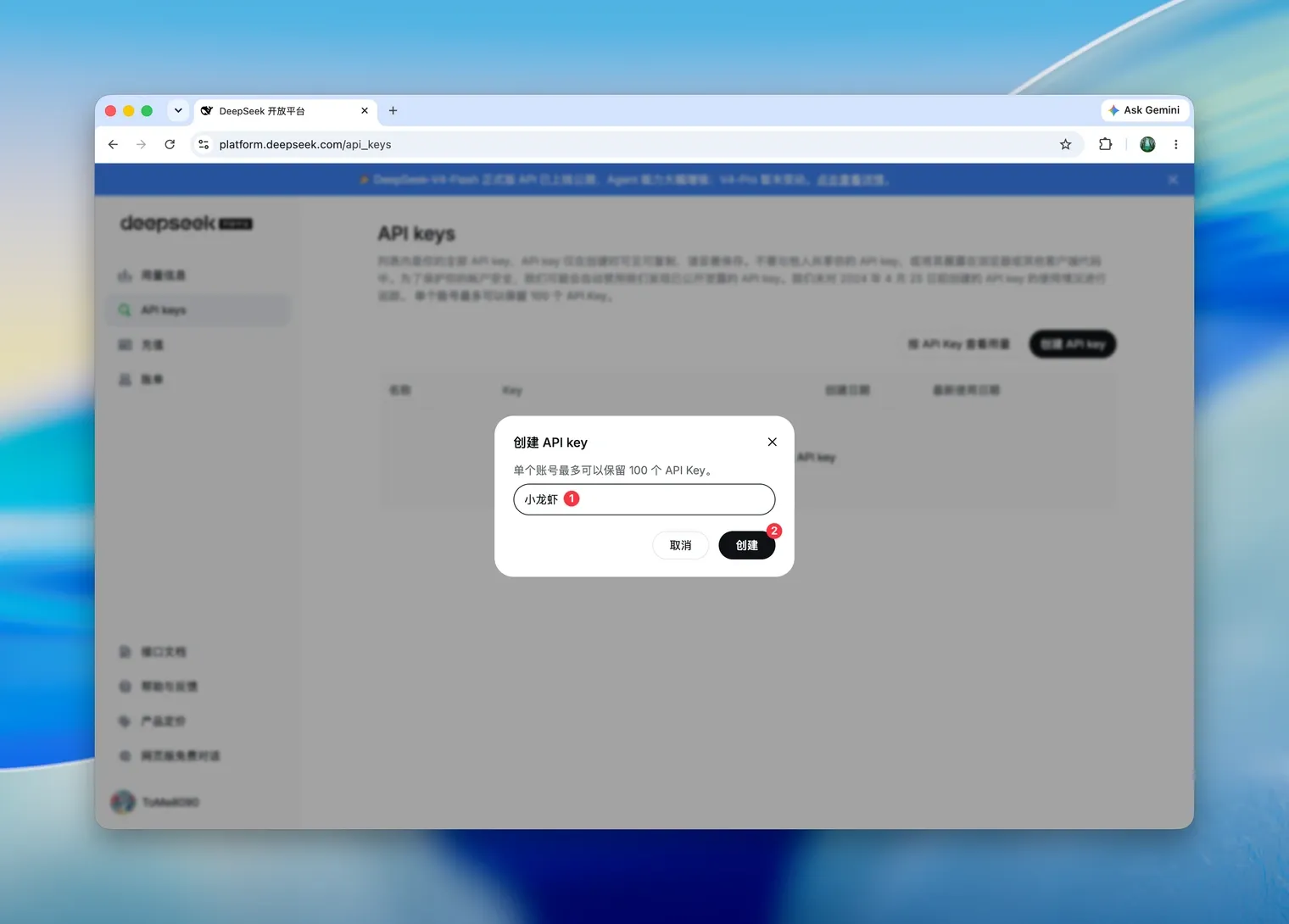 创建 API key 时填写名称
