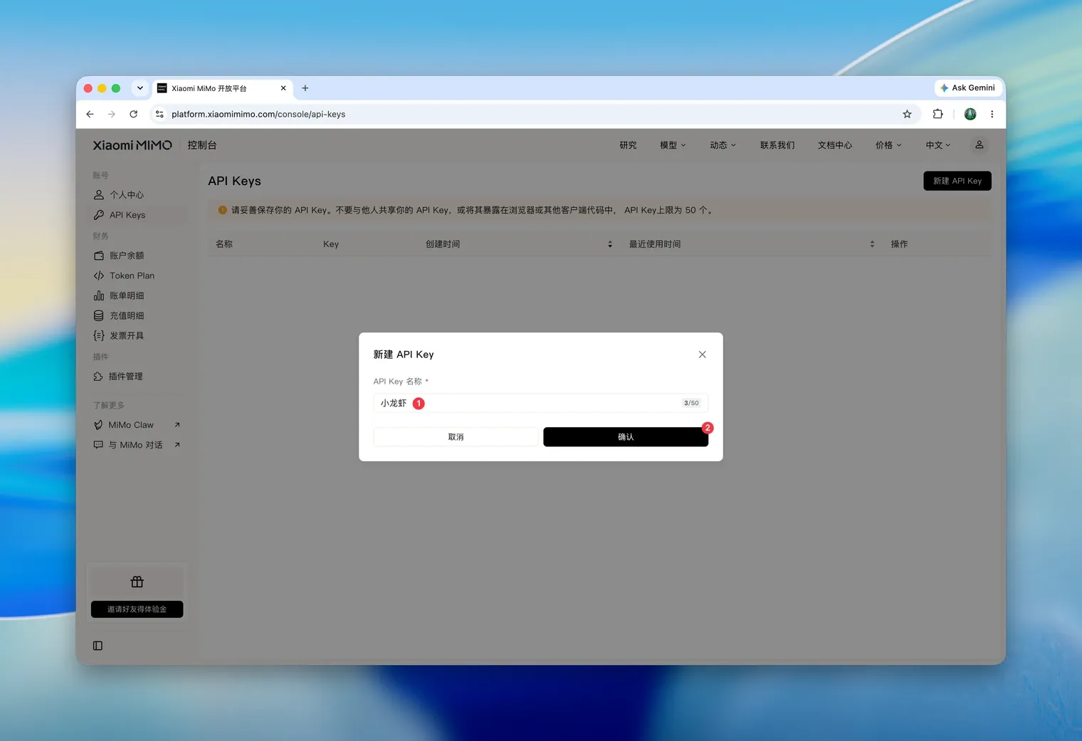 新建 API Key 弹窗，填写名称