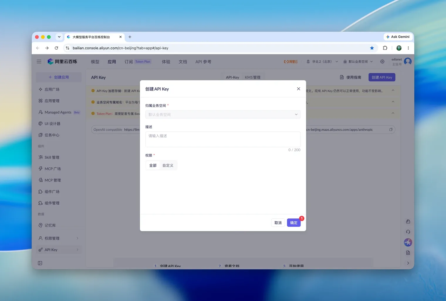 创建 API Key 弹窗，选择默认业务空间与全部权限