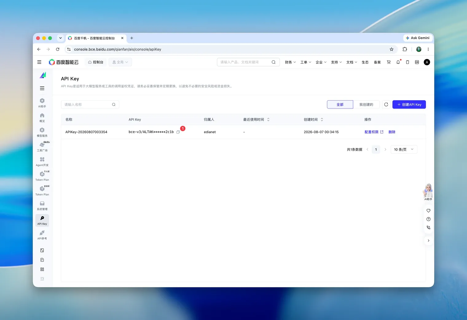 API Key 列表中的密钥与复制按钮