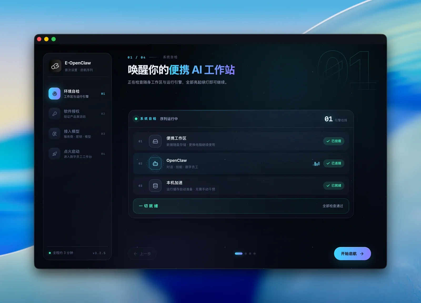 首次设置向导第一步，环境自检三项全部通过